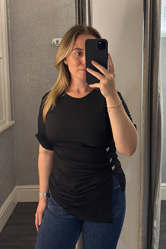 Black Gold Button Ruched Side T-Shirt