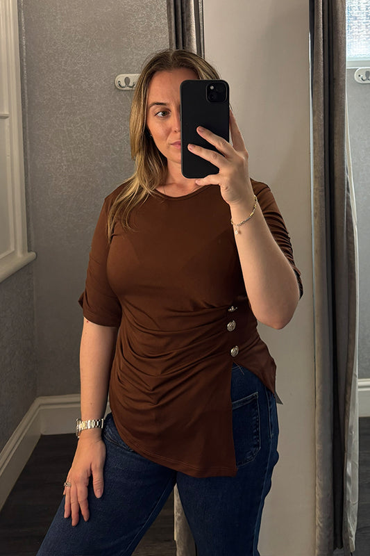 Brown Gold Button Ruched Side T-Shirt