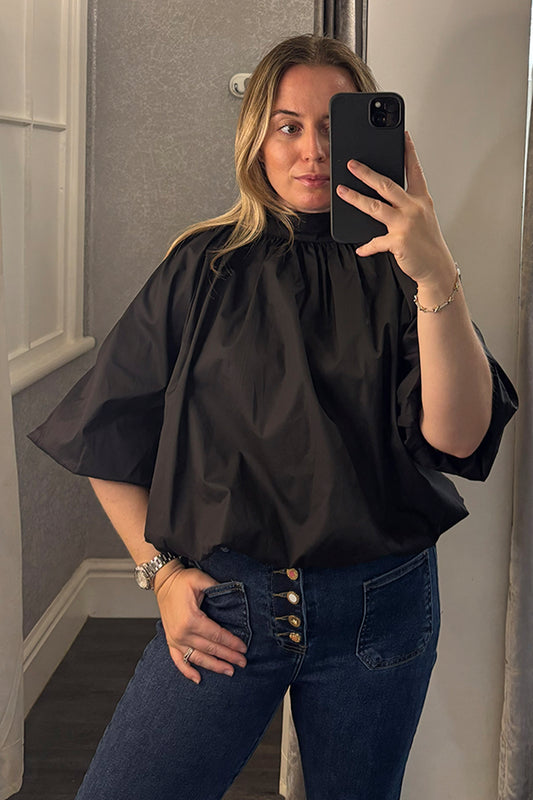 Black Bubble Hem Tie Blouse