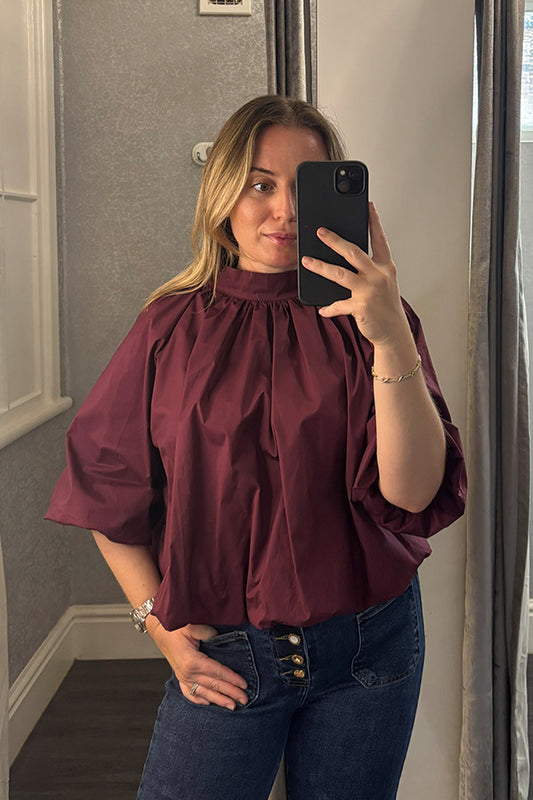 Wine Bubble Hem Tie Blouse