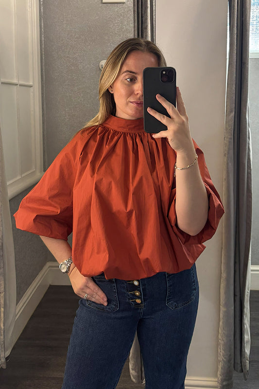 Rust Bubble Hem Tie Blouse