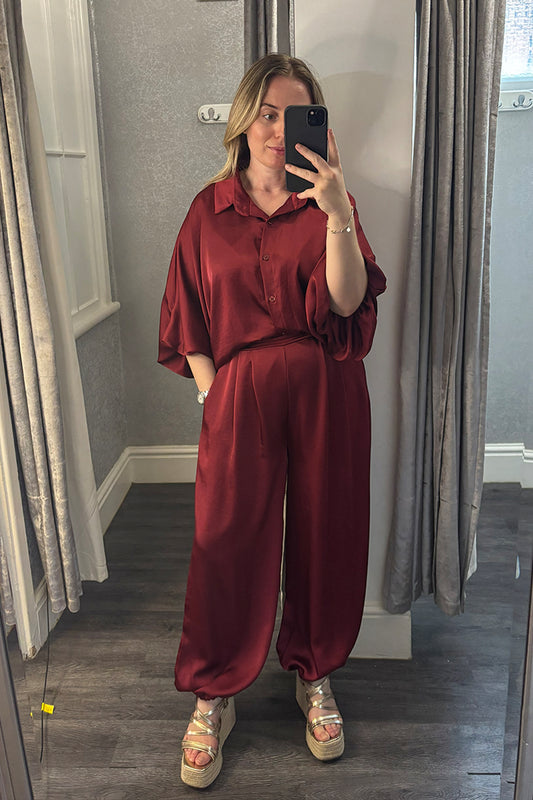 Wine Satin Shirt & Balloon Trousers Co-ord