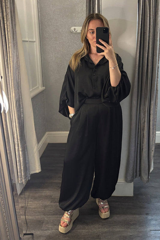 Black Satin Shirt & Balloon Trousers Co-ord