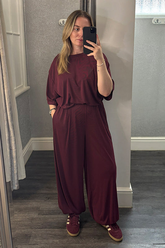 Wine Bubble Hem Top & Cuffed Trousers Co-ord