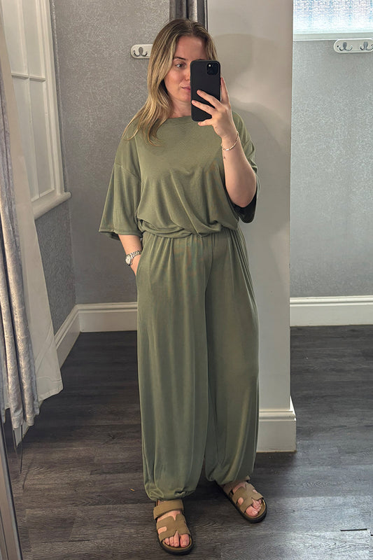 Khaki Bubble Hem Top & Cuffed Trousers Co-ord