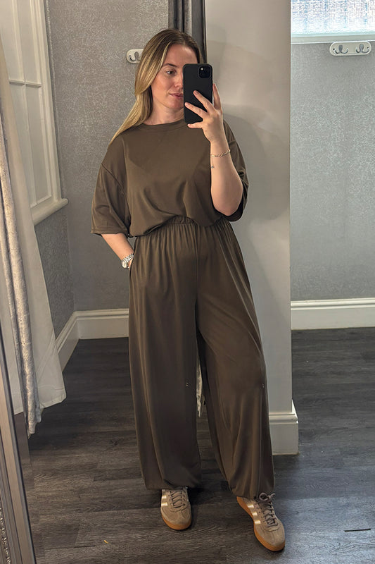 Brown Bubble Hem Top & Cuffed Trousers Co-ord