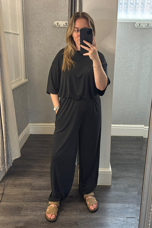 Black Bubble Hem Top & Cuffed Trousers Co-ord