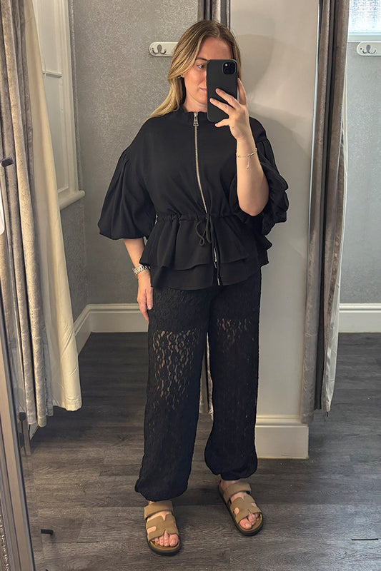 Black Lace Cuffed Balloon Trousers