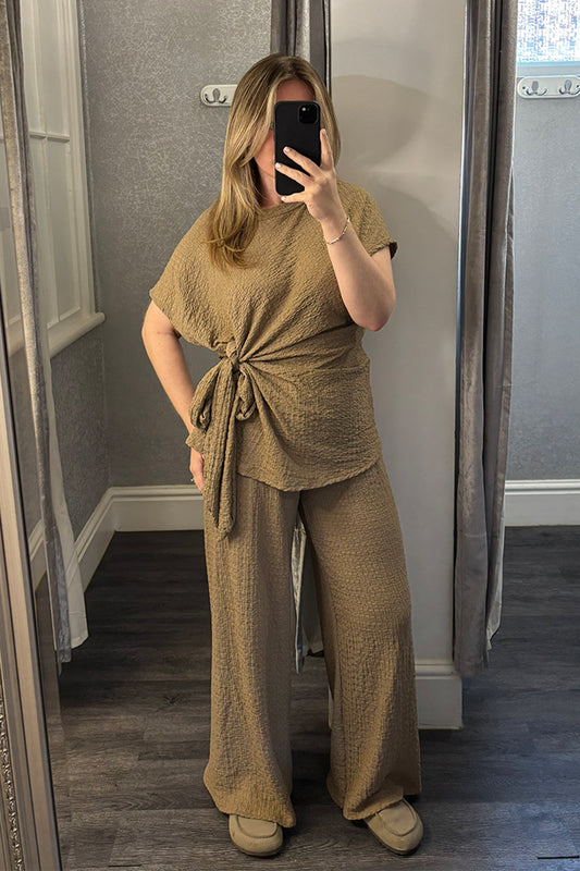 Taupe Crinkle Side Tie Top & Wide Leg Trousers