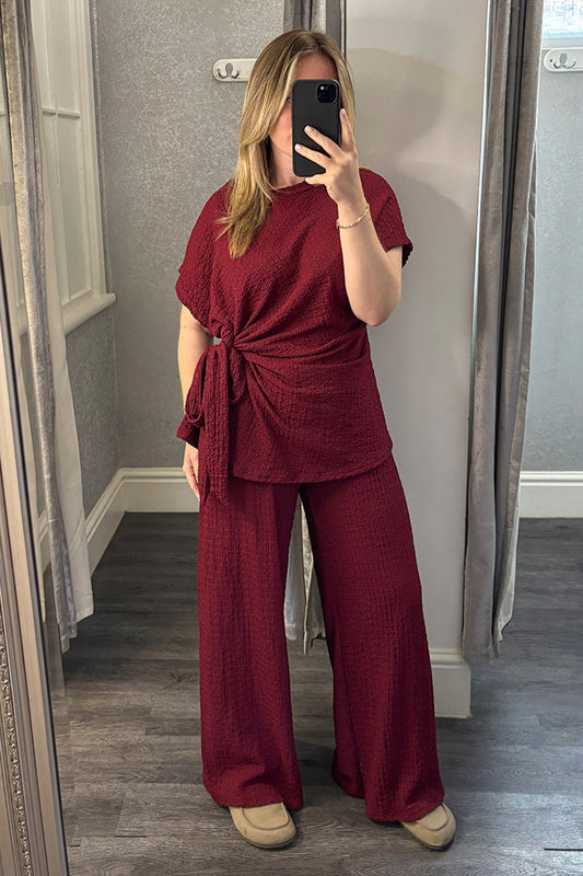 Wine Crinkle Side Tie Top & Wide Leg Trousers Set