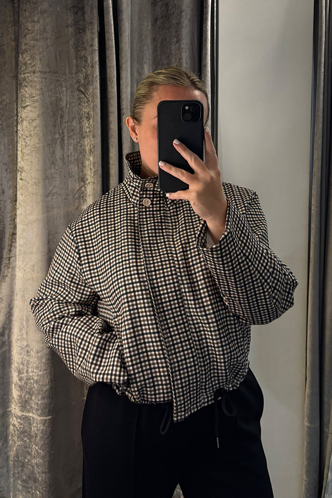 Black Checked Funnel Neck Jacket