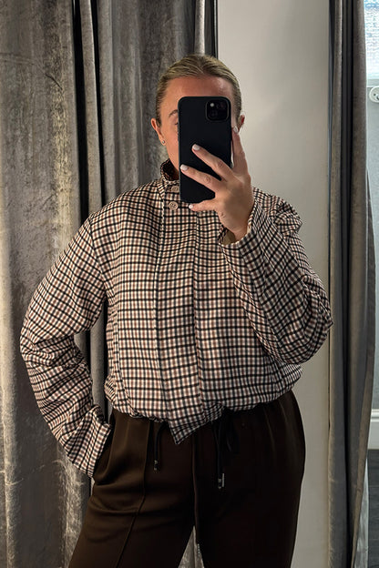 Brown Checked Funnel Neck Jacket