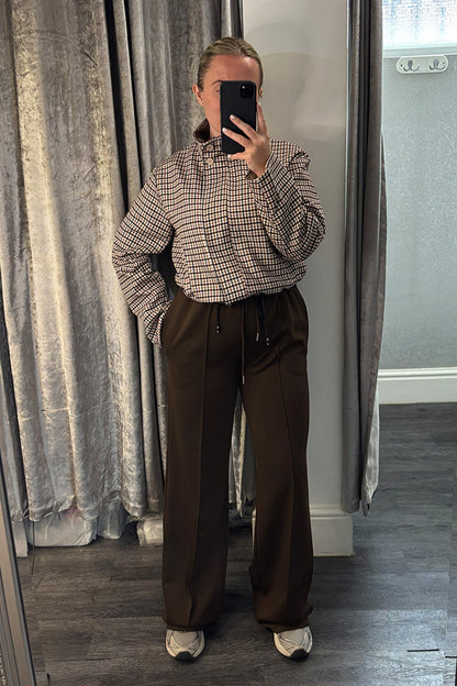 Brown Checked Funnel Neck Jacket