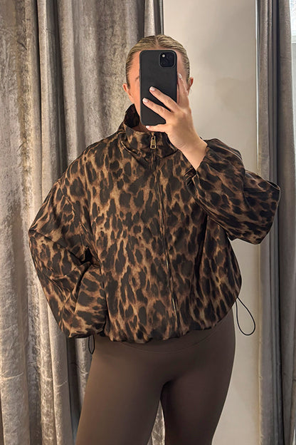 Animal Print Drawstring Funnel Neck Jacket