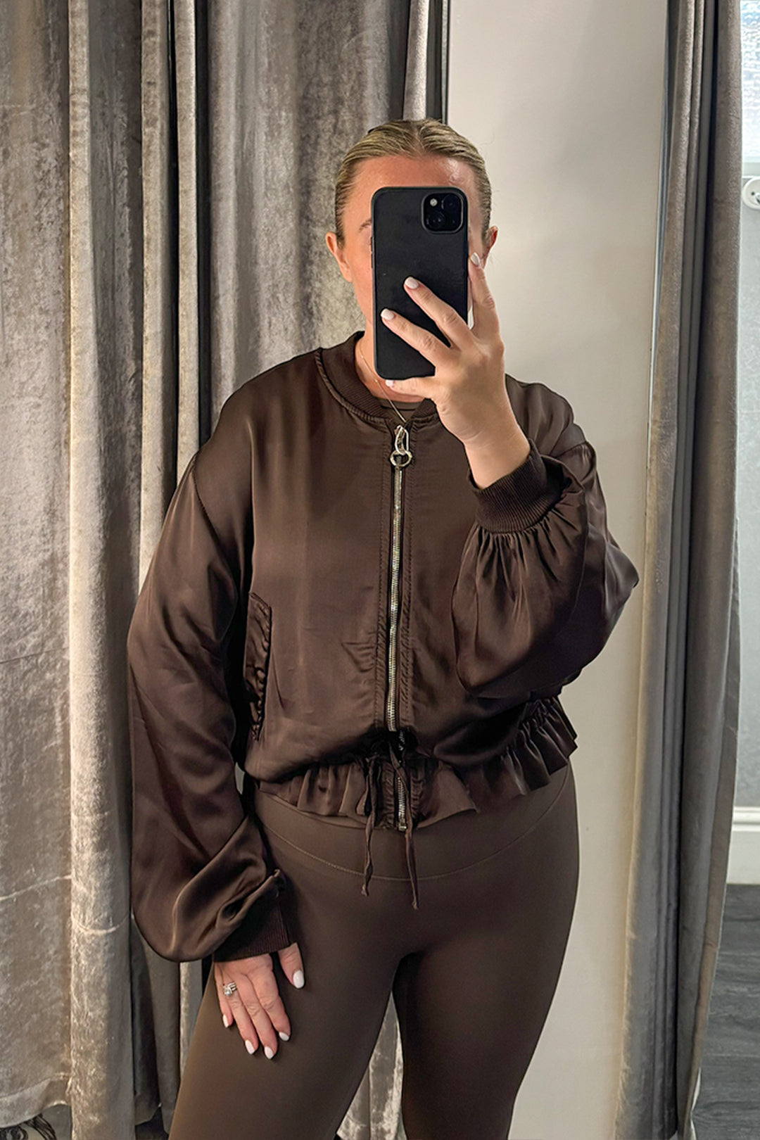 Brown Satin Tie Waist Bomber Jacket