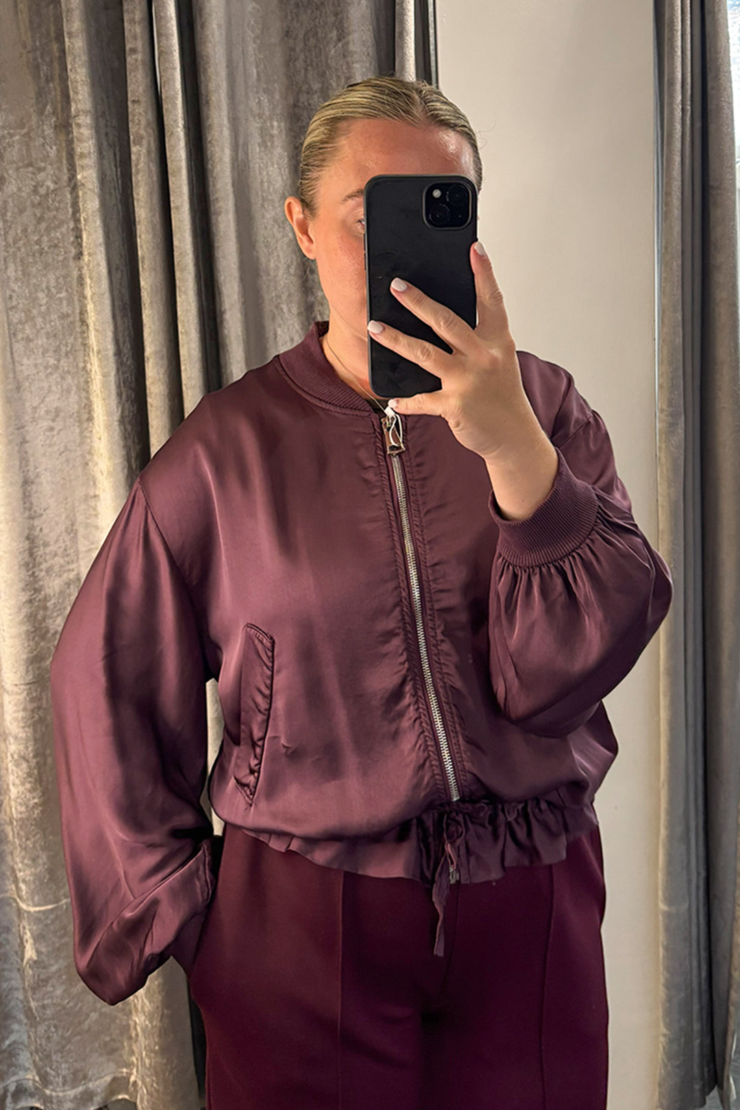 Plum Satin Tie Waist Bomber Jacket