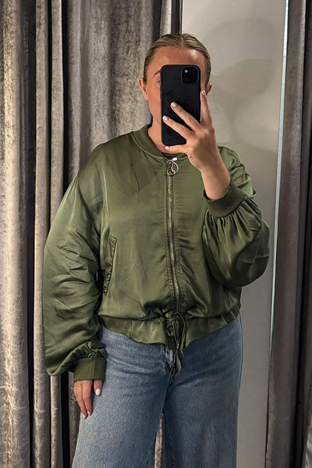 Khaki Satin Tie Waist Bomber Jacket