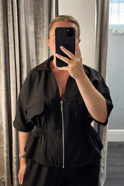 Black Elasticated Peplum Jacket & Wide Leg Trousers Co-ord