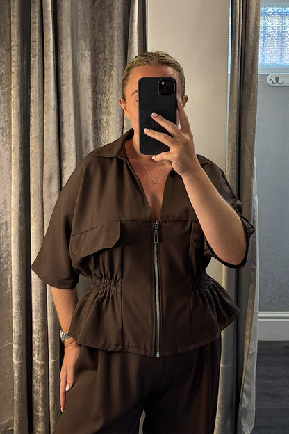 Brown Elasticated Peplum Jacket & Wide Leg Trousers Co-ord