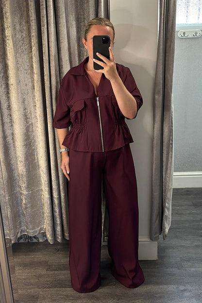 Wine Elasticated Peplum Jacket & Wide Leg Trousers Co-ord