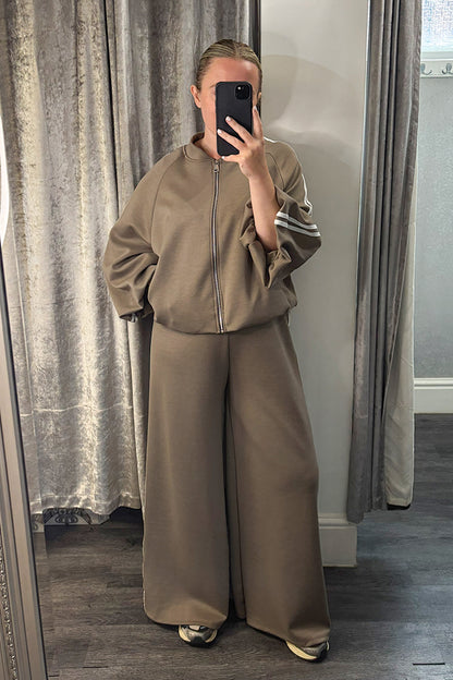 Taupe Striped Zip Up Jacket & Wide Leg Joggers