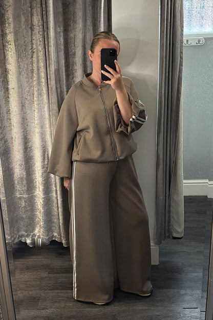 Taupe Striped Zip Up Jacket & Wide Leg Joggers