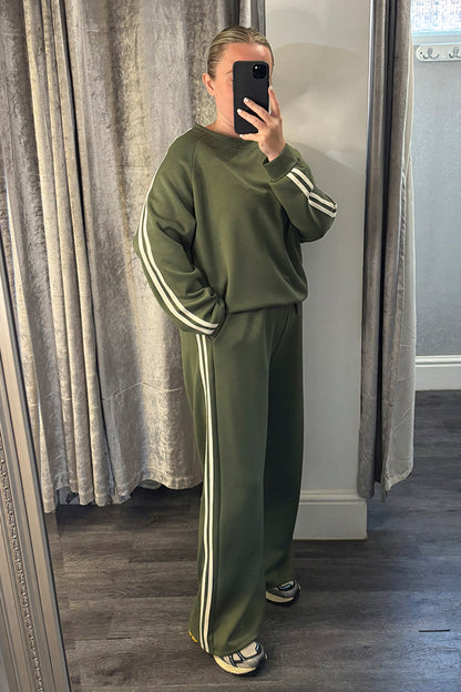 Khaki Striped Long Sleeve Sweatshirt & Wide Leg Joggers Loungesuit