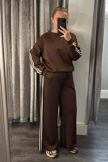 Brown Striped Long Sleeve Sweatshirt & Wide Leg Joggers Loungesuit