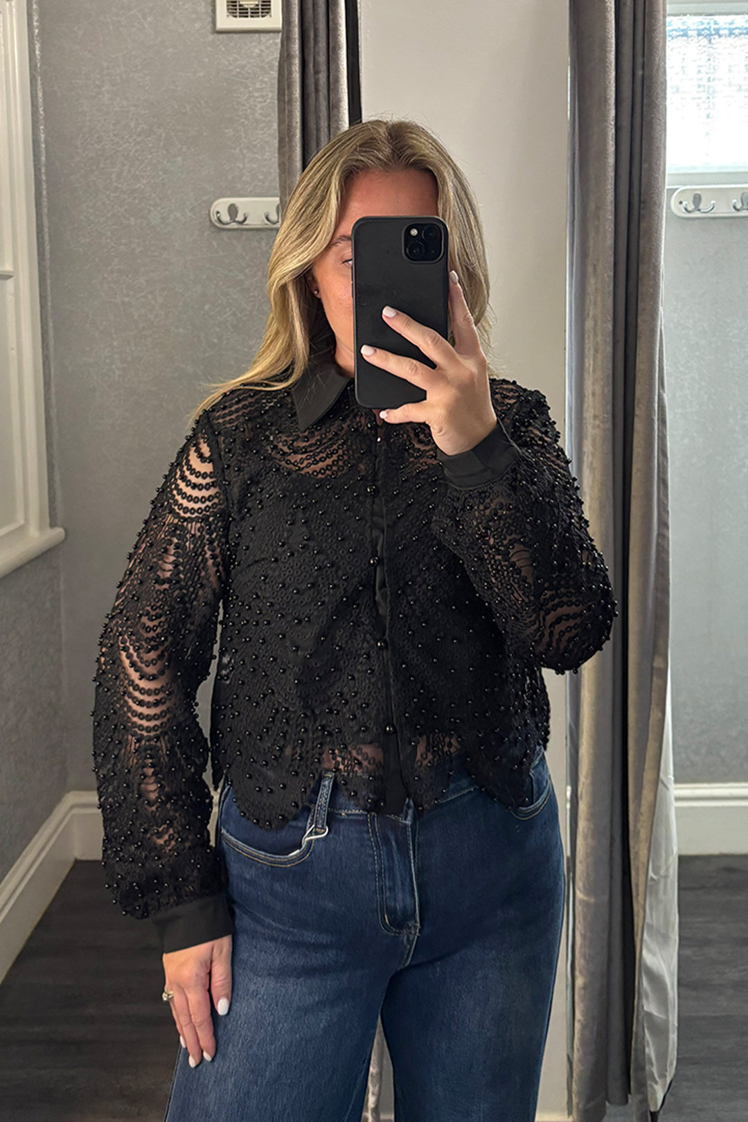 Black Lace & Pearl Scalloped Shirt