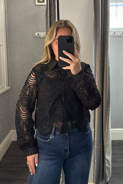 Black Lace & Pearl Scalloped Shirt