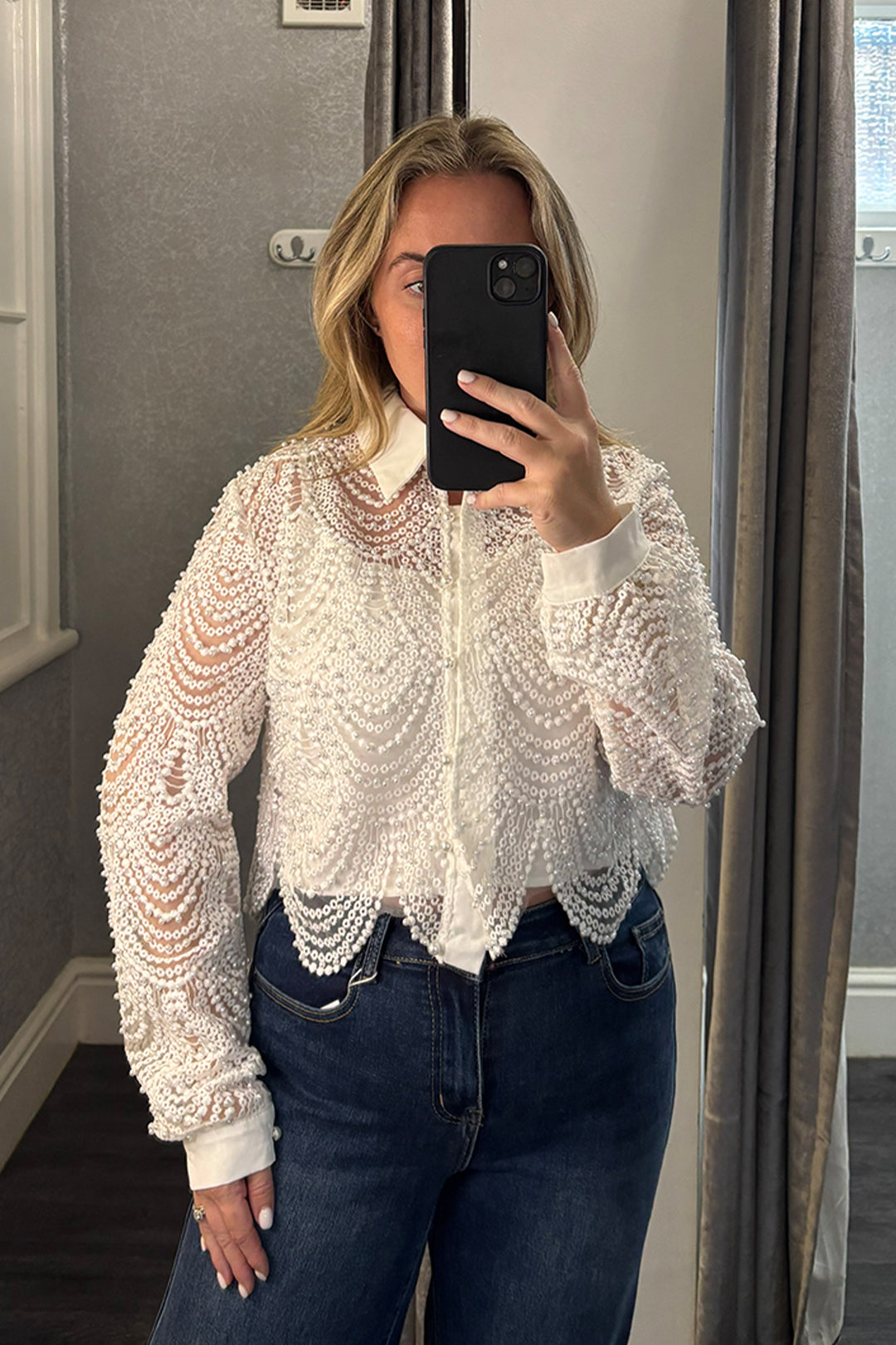 White Lace & Pearl Scalloped Shirt