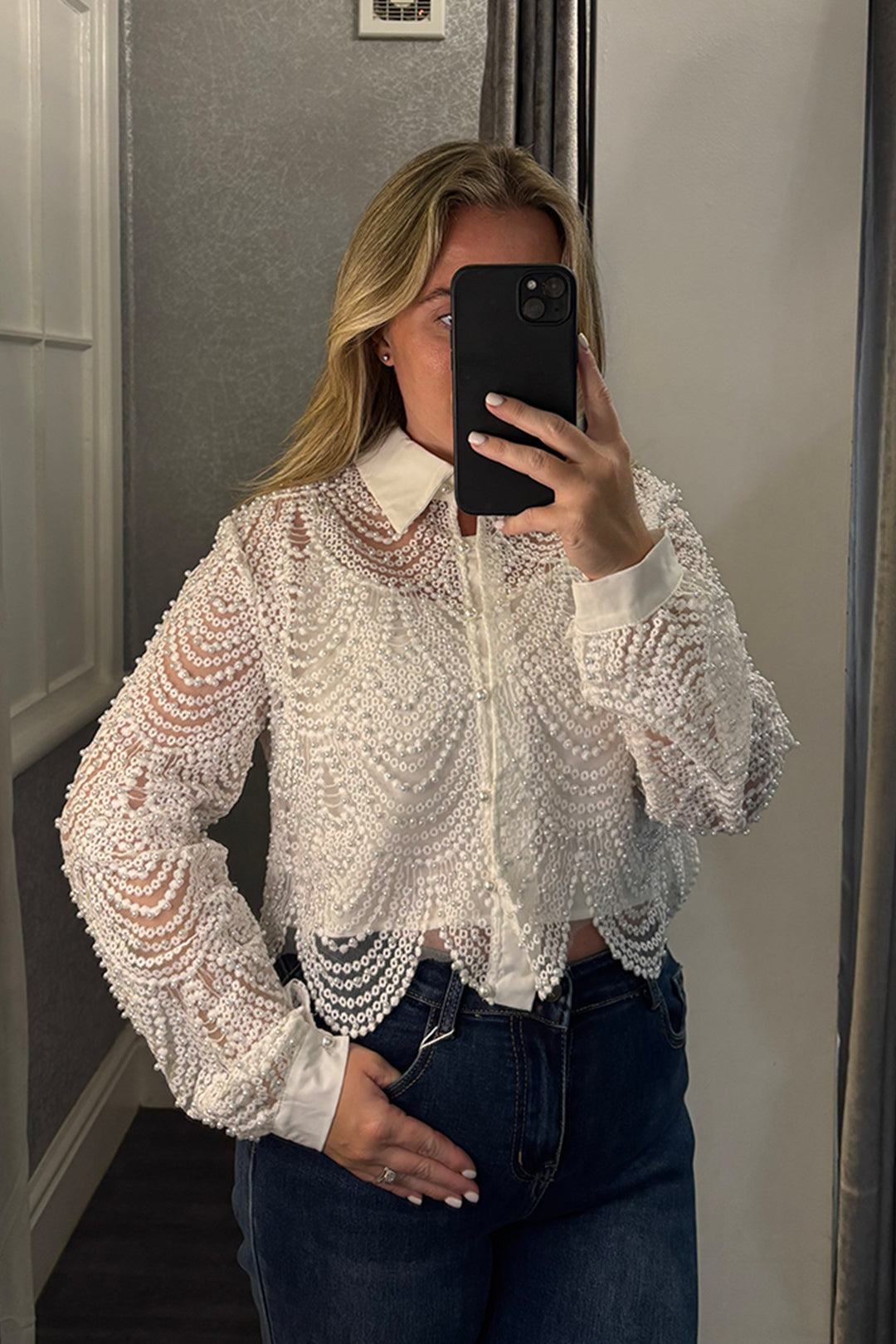 White Lace & Pearl Scalloped Shirt