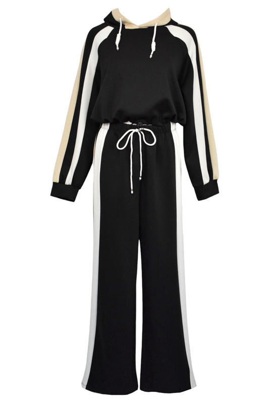 Black Contrast Hooded Wide Leg Loungesuit
