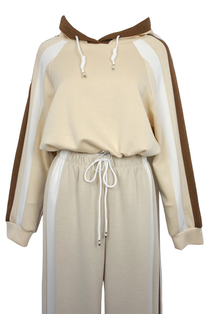 Beige Contrast Stripe Hooded Loungesuit