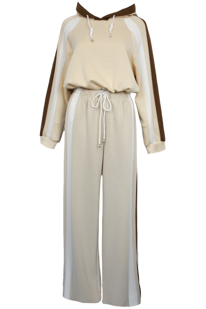 Beige Contrast Stripe Hooded Loungesuit