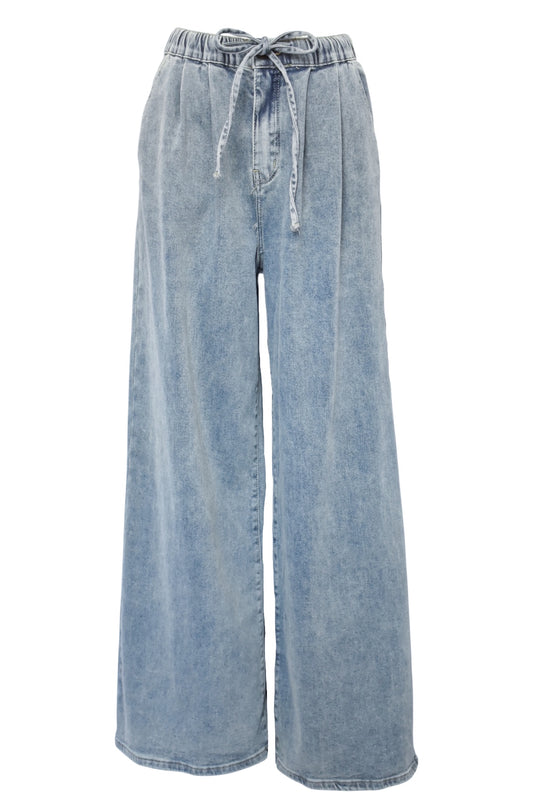 Washed Denim Tie Waist Wide Leg Jeans