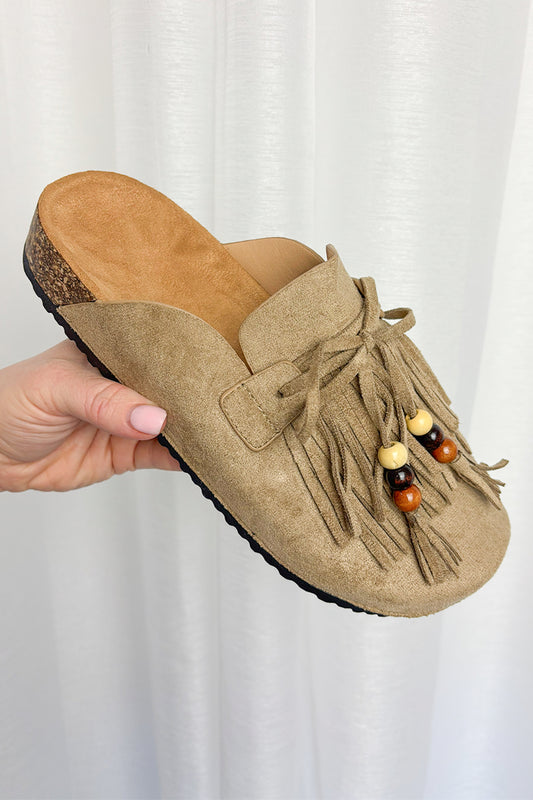 Taupe Faux Suede Fringe & Bead Mules
