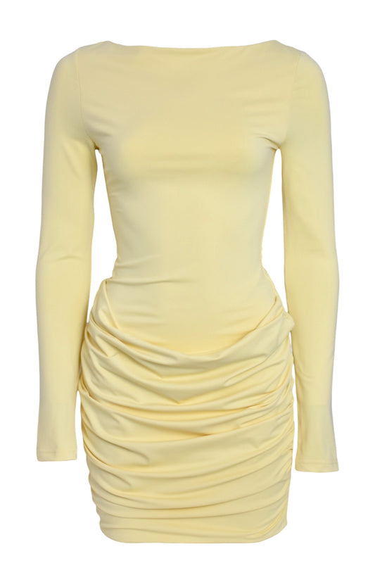 Lemon Ruched Long Sleeve Dress