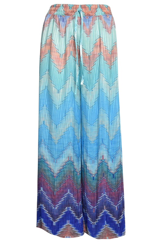 Turquoise Zig Zag Pleated Wide Leg Trousers