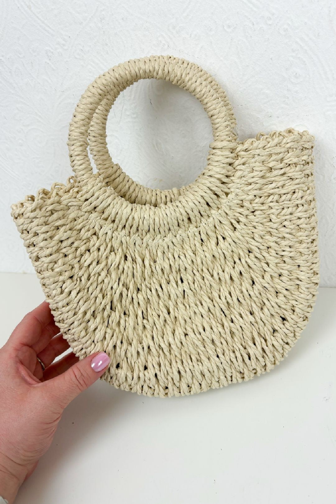 Beige Woven Straw Hoop Handle Bag (Small)