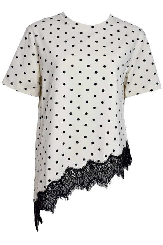 Cream & Black Polka Dot Lace Asymmetric Hem Top