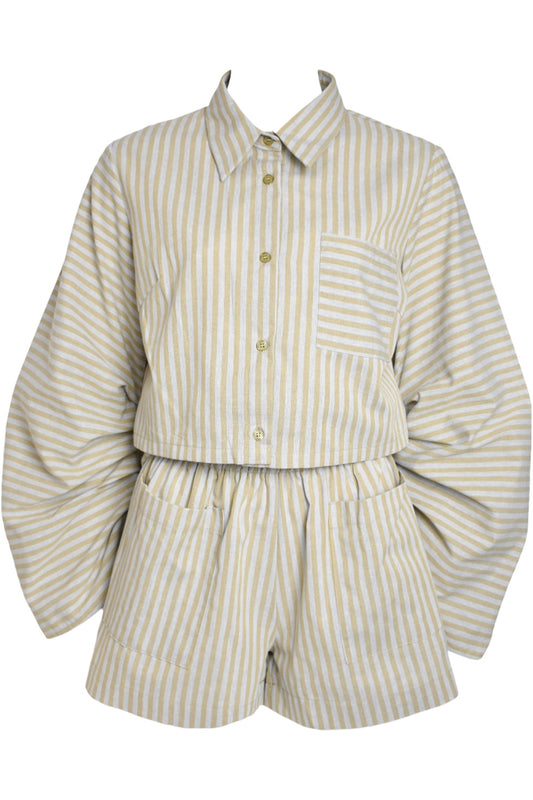 Beige & Grey Striped Cropped Shirt & Shorts Co-ord