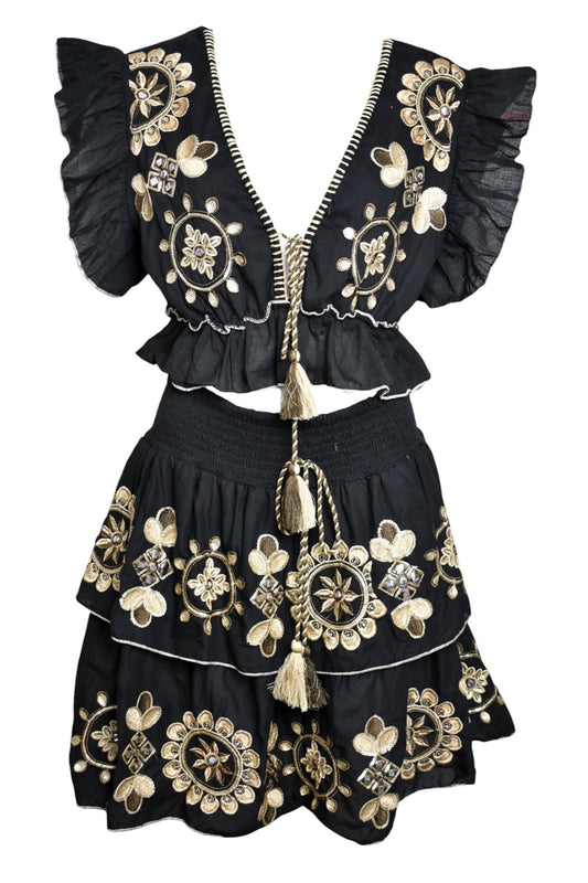 Black Embroidered Frill Top & Skirt Co-ord