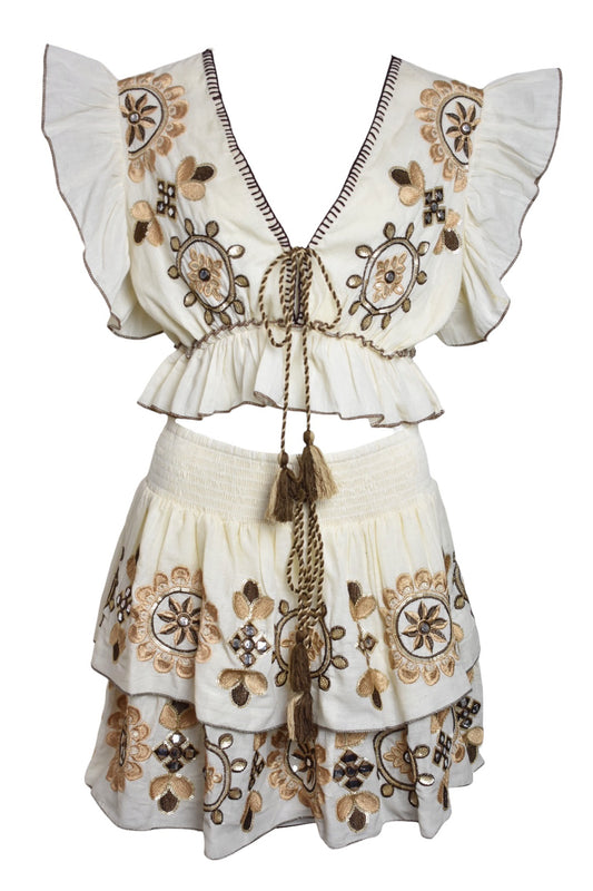 Cream Embroidered Frill Top & Skirt Co-ord