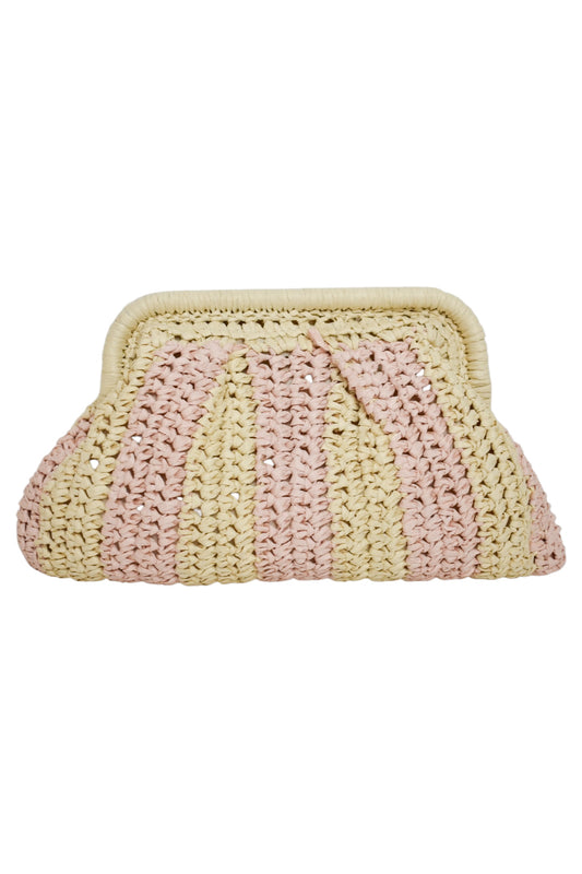 Pink & Beige Striped Straw Clutch Bag