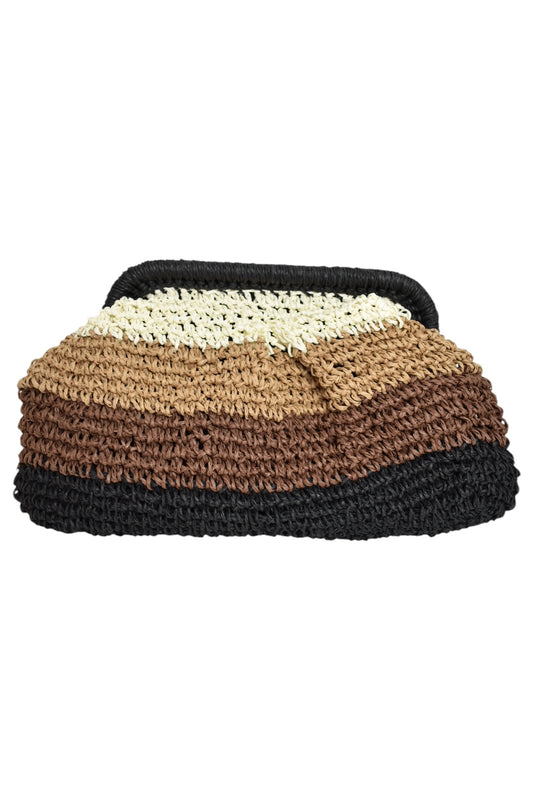 Black Striped Woven Straw Clutch Bag
