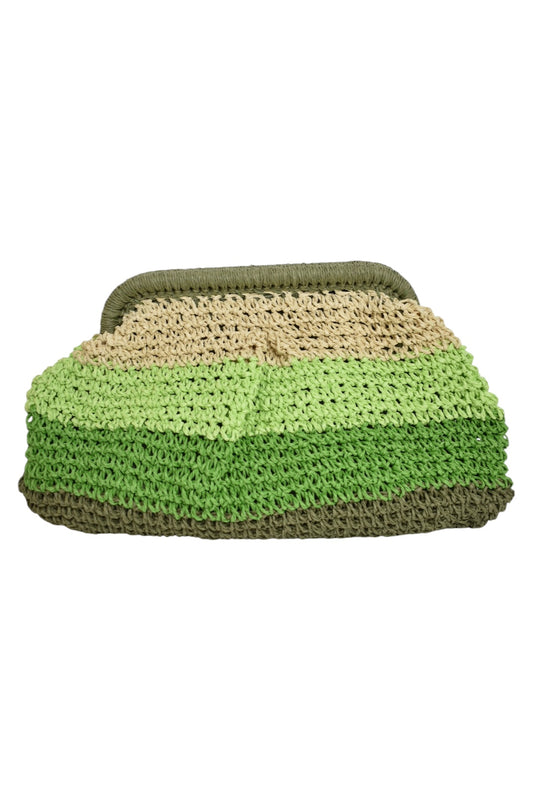 Green Striped Woven Straw Clutch Bag
