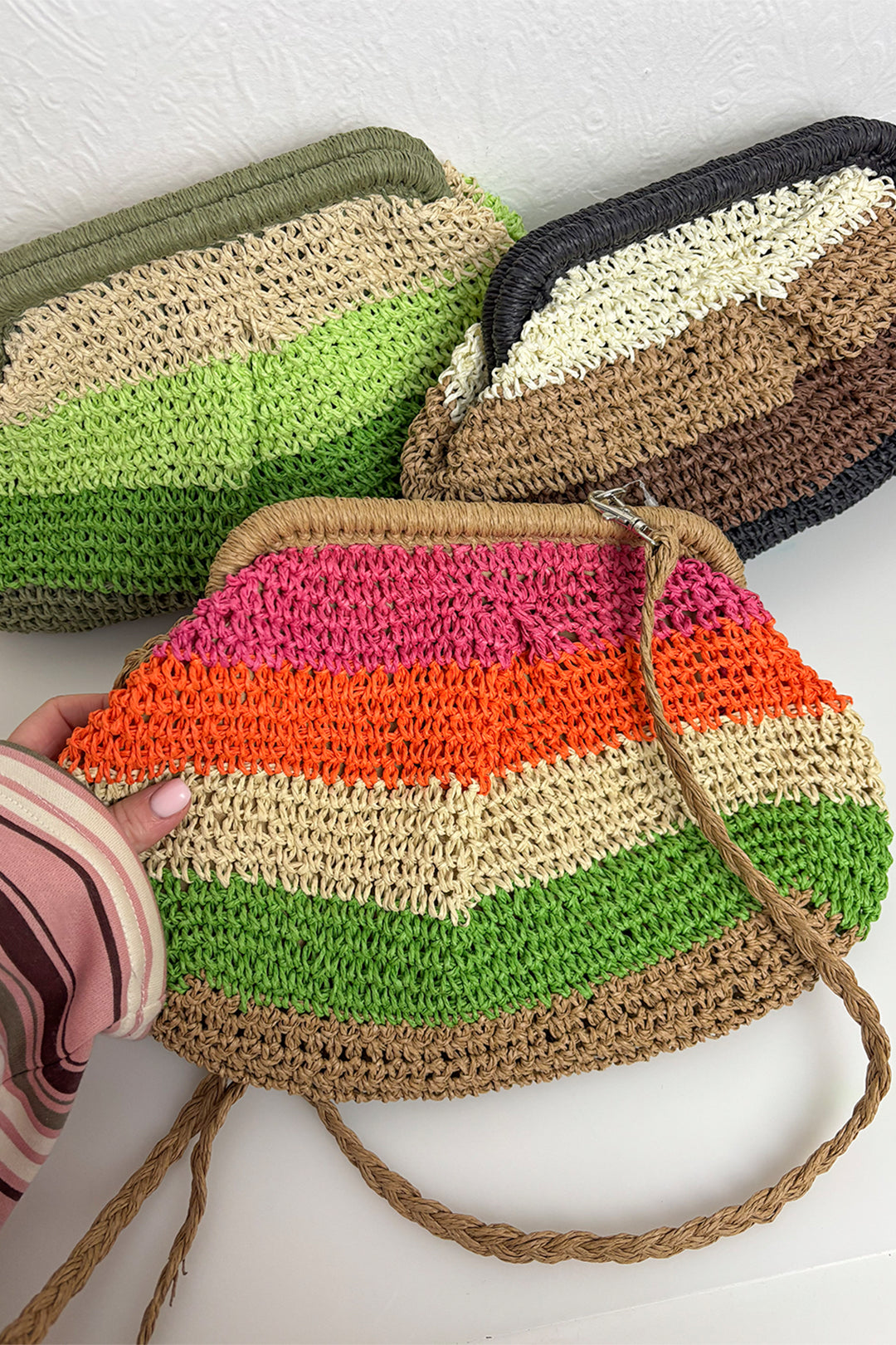 Multi Striped Woven Straw Clutch Bag
