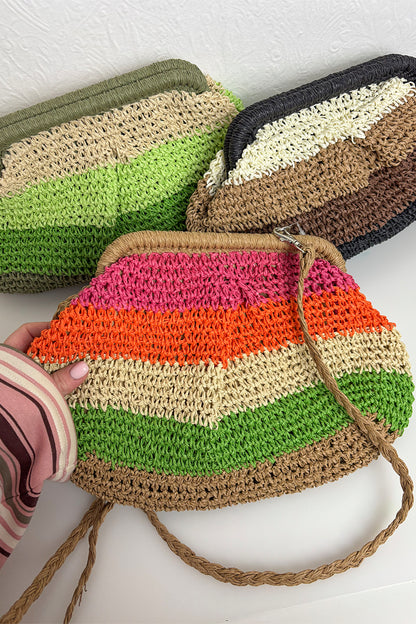 Multi Striped Woven Straw Clutch Bag