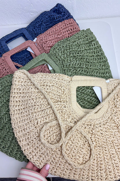 Khaki Half Moon Woven Straw Oversized Grab Bag